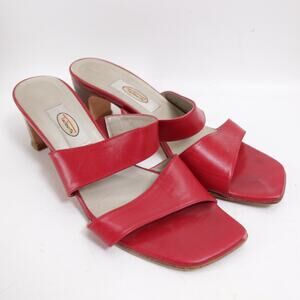 Talbots Slip On Sandals 6 Bright Red Leather Faux Wood Block Heel Open Toe
